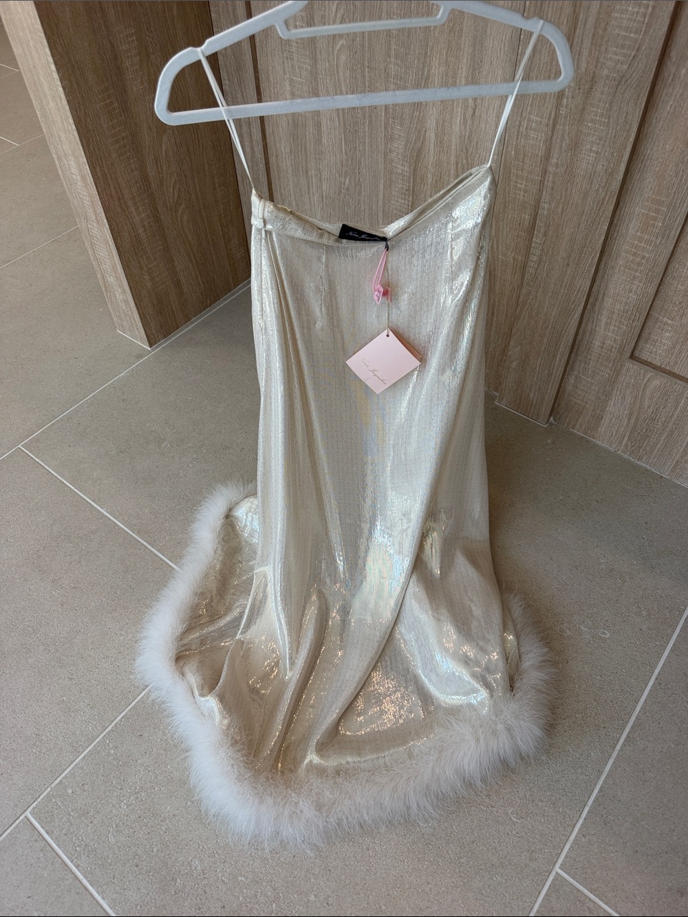 NWT Shimmer Ivory Fur-Trim Maxi Skirt